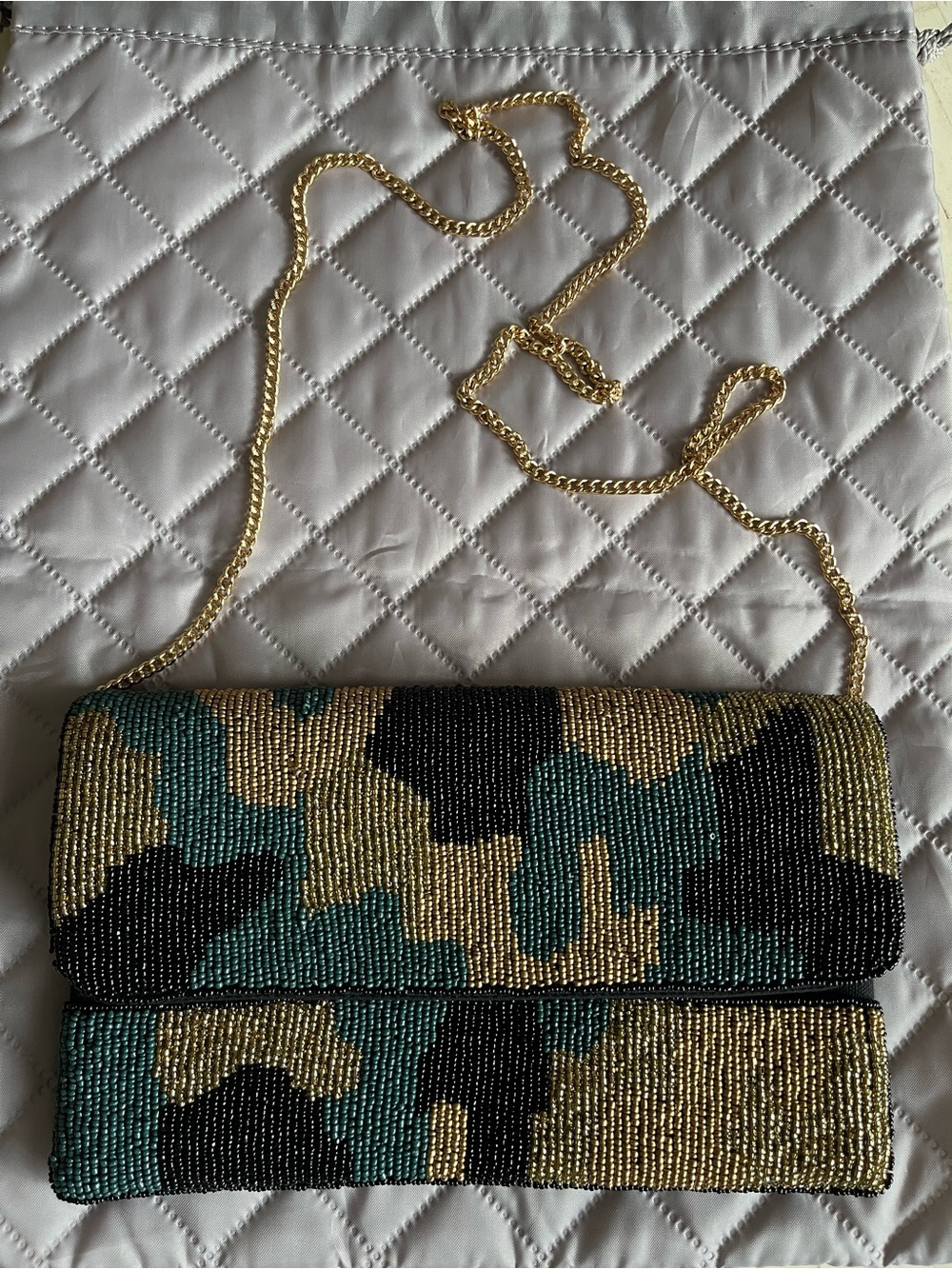 Francesca’s Gold, Black & Green Beaded Clutch with Gold Tone Chain Strap